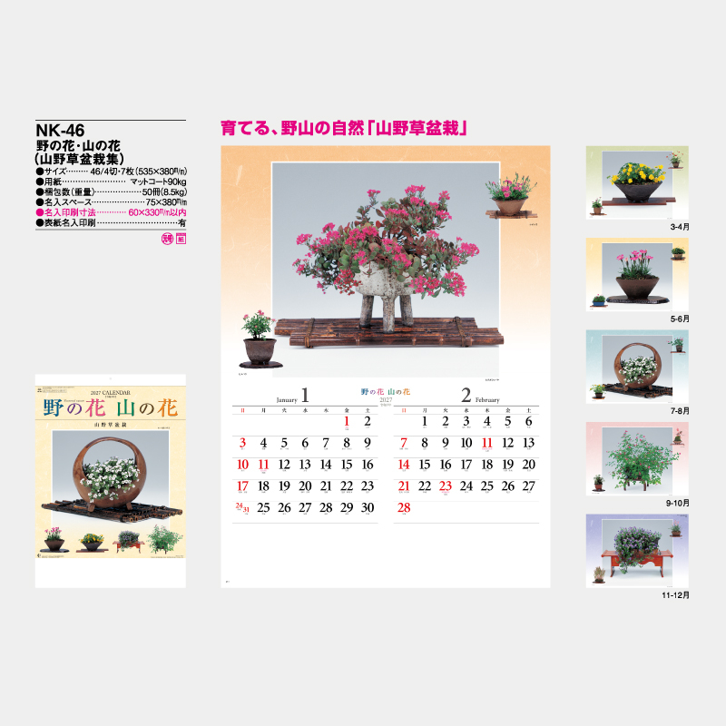  野の花･山の花(山野草盆栽集)  　名入れ壁掛けカレンダー