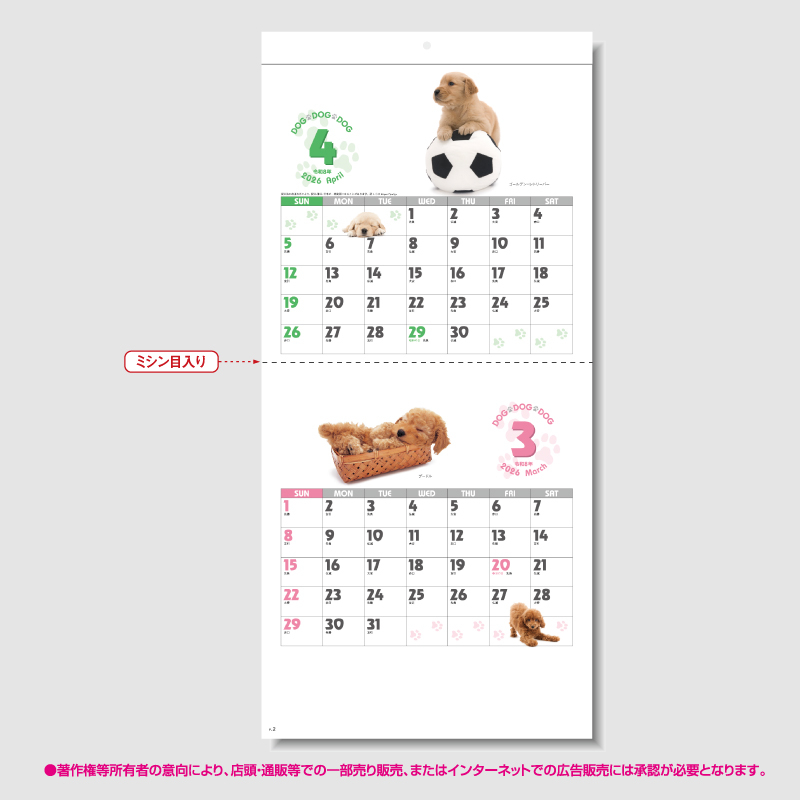 DOG･DOG･DOG(ミシン目入) 　名入れ壁掛けカレンダー 　